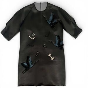 MO&Co Black Neoprene Midi Shift Dress Puff Sleeve Embellished Cranes medium